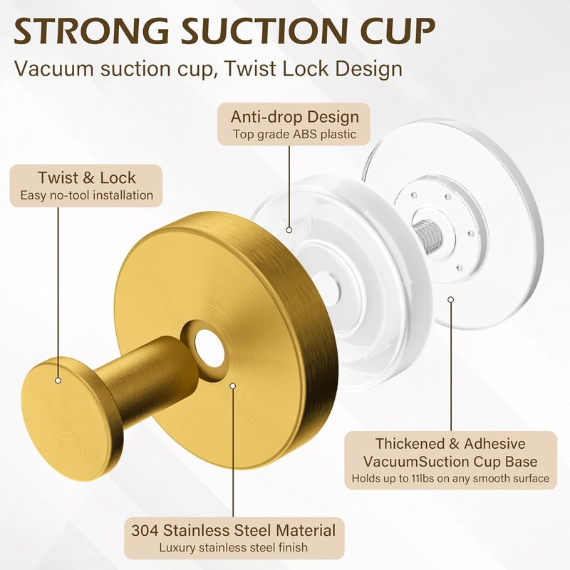 Ninth Five Shower Suction Cup Hooks, Heavy Duty Bathroom Wall Hooks for Towels, Robes, Loofahs, Removable Metal Hook for Tile Glass Mirror, No Drill(4 Pack, Gold) - Image 2